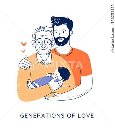 Three Generations, Grandfather, Father, and Baby Together in Vector Family Illustration Three Generations, Grandfather, Father, and Baby Together in Vector Family Illustration 126251113