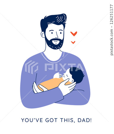 Happy Dad with Infant in Arms, Flat Line Art Parenting Concept. Happy Dad with Infant in Arms, Flat Line Art Parenting Concept. 126251177