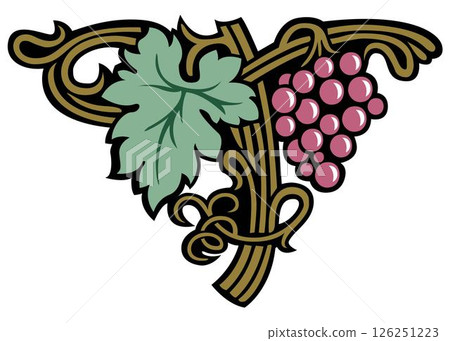 Grape vine or grape branch decorative elements, vector set. Isolated hanging grape twigs with green and purple berries. Framing or decor for banner design Grape vine or grape branch decorative elements, vector set. Isolated hanging grape twigs with green and purple berries. Framing or decor for banner design 126251223
