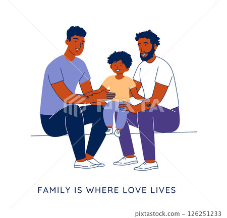 Couple with Kid, Black Gay Family Vector Flat Illustration. 126251233