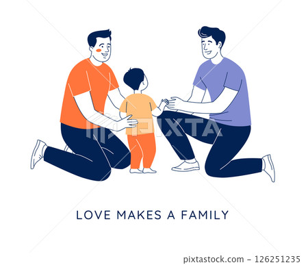 Two gay dads with their child. A loving LGBT family celebrates Fathers Day and Pride Month 126251235