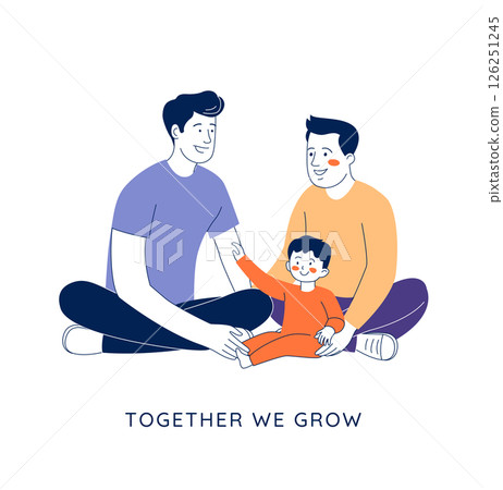 Two gay dads with their child. A loving LGBT family celebrates Fathers Day and Pride Month Two gay dads with their child. A loving LGBT family celebrates Fathers Day and Pride Month 126251245