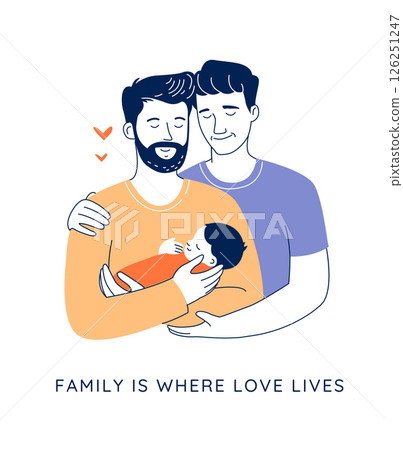 Gay Couple with Baby, Two Fathers Holding Newborn in Vector Family Illustration Gay Couple with Baby, Two Fathers Holding Newborn in Vector Family Illustration 126251247