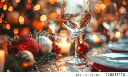 Still life served festive dinner table while Christmas lights glowing 126251250