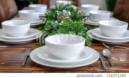 Still life served festive dinner table while Christmas lights glowing 126251264