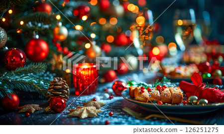 Still life served festive dinner table while Christmas lights glowing 126251275