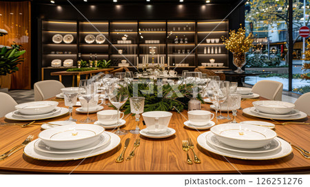 Still life served festive dinner table while Christmas lights glowing 126251276