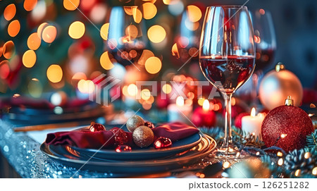 Still life served festive dinner table while Christmas lights glowing 126251282