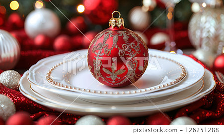 Still life served festive dinner table while Christmas lights glowing 126251288