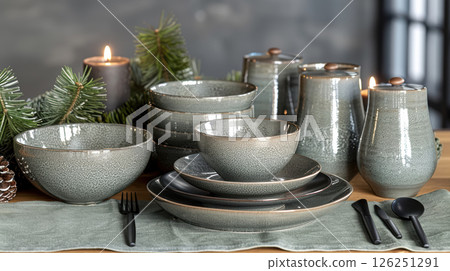 Still life served festive dinner table while Christmas lights glowing 126251291