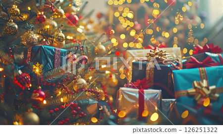 Still life served festive dinner table while Christmas lights glowing Still life served festive dinner table while Christmas lights glowing 126251322