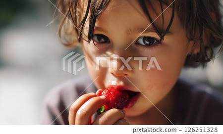 Young Child Eating Fresh Strawberry in Sunlight Young Child Eating Fresh Strawberry in Sunlight 126251328