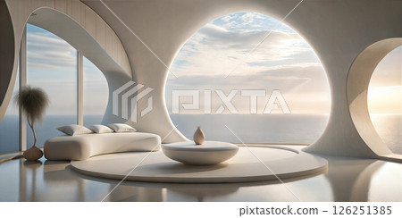 Contemporary living area with ocean views, featuring modern furniture and unique architectural design Contemporary living area with ocean views, featuring modern furniture and unique architectural design 126251385