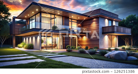 Sleek Two-Story High-Tech Cottage with Glass Windows and Eco-Friendly Garden Sleek Two-Story High-Tech Cottage with Glass Windows and Eco-Friendly Garden 126251386