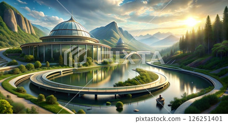 A stunning futuristic cityscape with sleek buildings, winding roads, and lush green hills under a bright blue sky 126251401