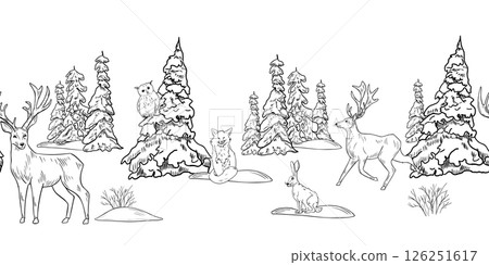 Monochrome forest edge with firs, spruces and forest animals deer, hare, fox, and owl, hand drawn black white outline vector. Seamless winter landscape for Christmas banner and winter woodland design. 126251617