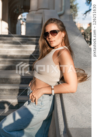 Woman Sunglasses Jeans Fashionable Posing Outdoors Steps Woman Sunglasses Jeans Fashionable Posing Outdoors Steps 126251630