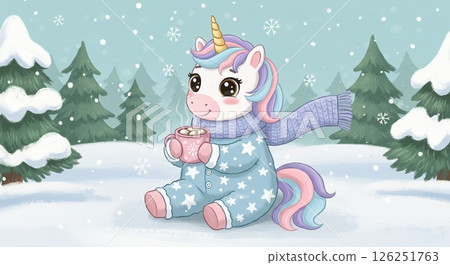 Adorable winter unicorn in pajamas enjoying hot chocolate in snowy wonderland 126251763