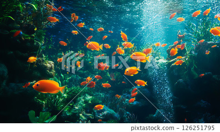 Panoramic view of underwater world with tropical fish 126251795