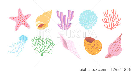 Cute sea animals and shells in cartoon style. Bright marine clipart with coral, starfish and jellyfish. Perfect for kids design and summer decor. 126251806