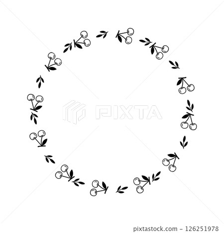 Minimal Cherry Wreath Illustration Hand Drawn Fruit Floral Frame in Line Art 126251978