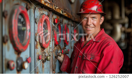 portrait of a smiling man in work clothes and a hard hat. He is a lumberjack portrait of a smiling man in work clothes and a hard hat. He is a lumberjack 126252007