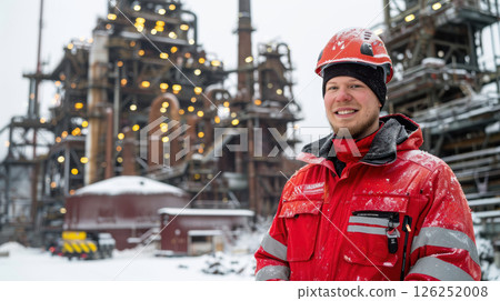 portrait of a smiling man in work clothes and a hard hat. He is a lumberjack 126252008