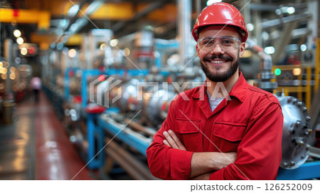 portrait of a smiling man in work clothes and a hard hat. He is a lumberjack 126252009