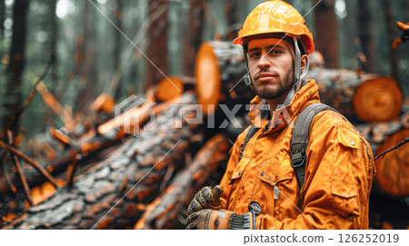 portrait of a smiling man in work clothes and a hard hat. He is a lumberjack 126252019