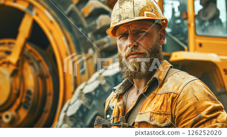 portrait of a smiling man in work clothes and a hard hat. He is a lumberjack 126252020