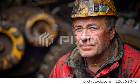 portrait of a smiling man in work clothes and a hard hat. He is a lumberjack 126252076
