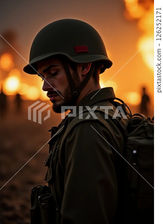 A soldier stands in profile, deep in thought, as flickering flames illuminate the darkening sky. Shadows of comrades loom behind them in a scene of tension and resilience Generative AI A soldier stands in profile, deep in thought, as flickering flames illuminate the darkening sky. Shadows of comrades loom behind them in a scene of tension and resilience Generative AI 126252171