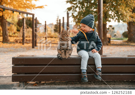 Young boy is sitting on the bench with cute cat outdoors Young boy is sitting on the bench with cute cat outdoors 126252188