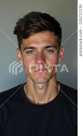 A young individual with stylish hair and a warm smile stands against a neutral backdrop, emanating confidence and friendliness while posed naturally Generative AI 126252336