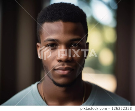 A young man gazes directly at the viewer, reflecting confidence and poise in a beautifully lit urban backdrop. His calm demeanor contrasts with the lively environment Generative AI 126252338