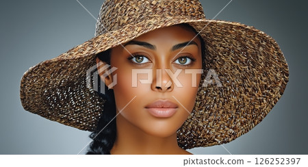 Fashion model posing with wide brimmed straw hat Fashion model posing with wide brimmed straw hat 126252397