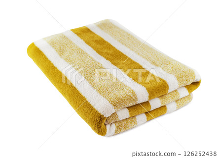 Carefully folded soft striped bath yellow towel isolated on white background 126252438