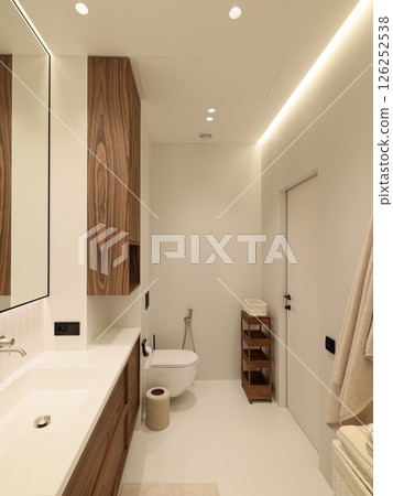 This is a stunning modern minimalist bathroom that beautifully incorporates wood accents This is a stunning modern minimalist bathroom that beautifully incorporates wood accents 126252538