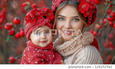 happy young beautiful woman mother with a small child in her arms hugging 126252562