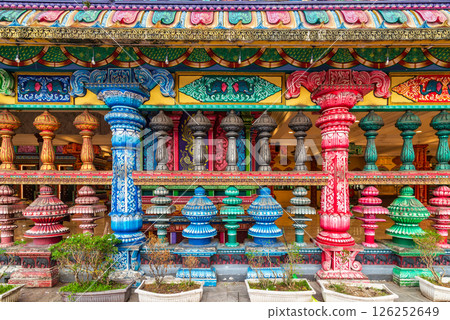 Colorful pillars and ornate details decorate the temple wall near Batu Caves in Gombak, Selangor, Malaysia Colorful pillars and ornate details decorate the temple wall near Batu Caves in Gombak, Selangor, Malaysia 126252649