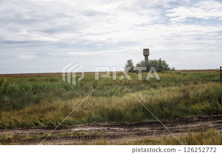 Picturesque rural landscape with a field of grass, a water tower on the horizon Picturesque rural landscape with a field of grass, a water tower on the horizon 126252772