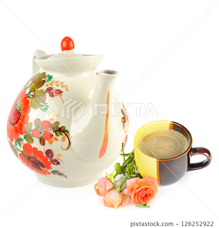 Vintage porcelain coffee pot and vintage porcelain cup with coffee isolated on white. Collage. Vintage porcelain coffee pot and vintage porcelain cup with coffee isolated on white. Collage. 126252922