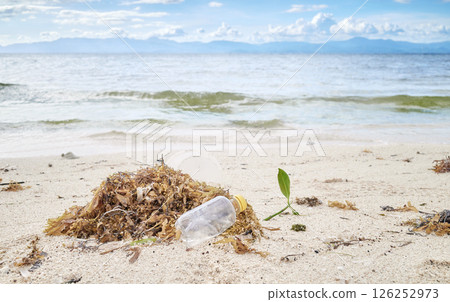 Plastic garbage on tropical beach, selective focus. Plastic garbage on tropical beach, selective focus. 126252973