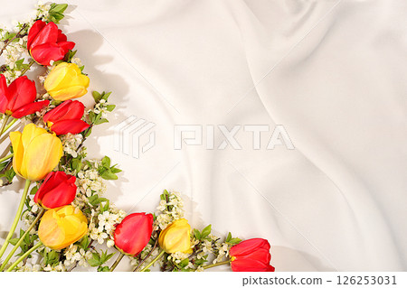 Abstract floral arrangement with beautiful spring blooming tulips and cherry blossom branches on elegant sunny background. Still life with space for text, Floral holiday card with summer greeting Abstract floral arrangement with beautiful spring blooming tulips and cherry blossom branches on elegant sunny background. Still life with space for text, Floral holiday card with summer greeting 126253031