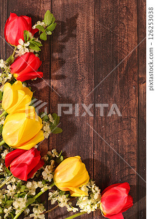 Still life with beautiful spring blooming tulips and cherry branches.Abstract floral arrangement on elegant sunny background,Floral holiday card with summer greeting concept,screen banner 126253038