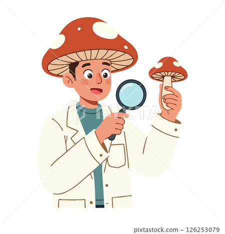 Mycologist examining mushroom with magnifying glass vector illustration in white lab coat Mycologist examining mushroom with magnifying glass vector illustration in white lab coat 126253079