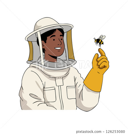 Beekeeper in protective suit holding bee on finger illustration vector art Beekeeper in protective suit holding bee on finger illustration vector art 126253080