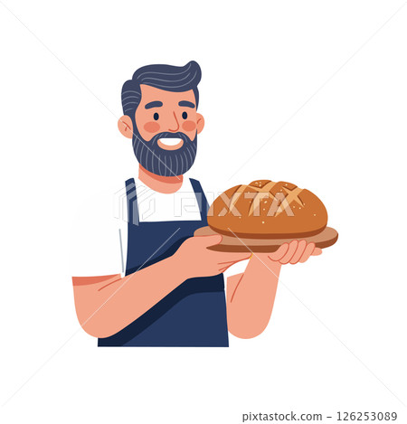 Bearded man holding freshly baked bread in kitchen vector illustration smiling happy Bearded man holding freshly baked bread in kitchen vector illustration smiling happy 126253089