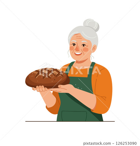 Elderly woman holding freshly baked bread smiling warmly vector illustration Elderly woman holding freshly baked bread smiling warmly vector illustration 126253090