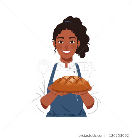 Female baker holding freshly baked bread smiling in blue apron vector illustration Female baker holding freshly baked bread smiling in blue apron vector illustration 126253092